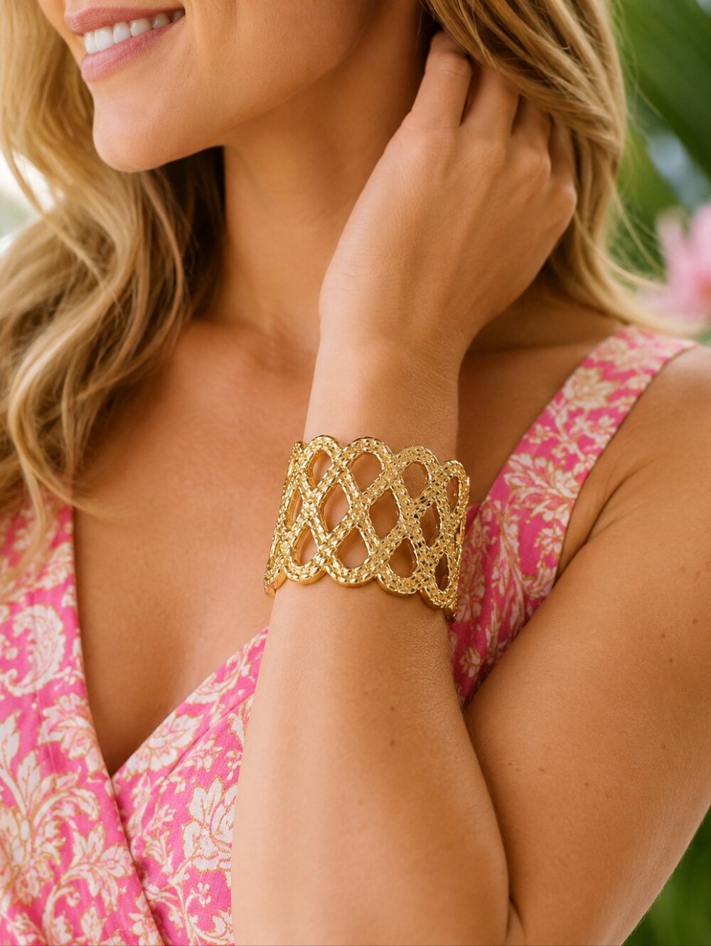 Lilly Pulitzer Gold Tone Wide Cuff Bracelet Textured Lattice Design Statement